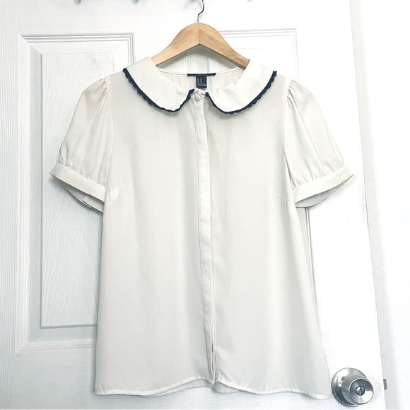 Forever 21 Tops - White Button Blouse with Black Lace Peter Pen Collar Schoolgirl Cosplay Coquette